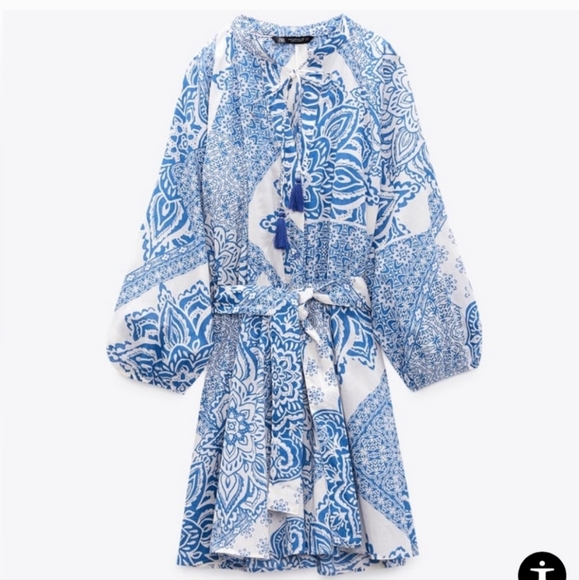 Zara Dresses & Skirts - Zara Belted blue + white printed mini dress size Small